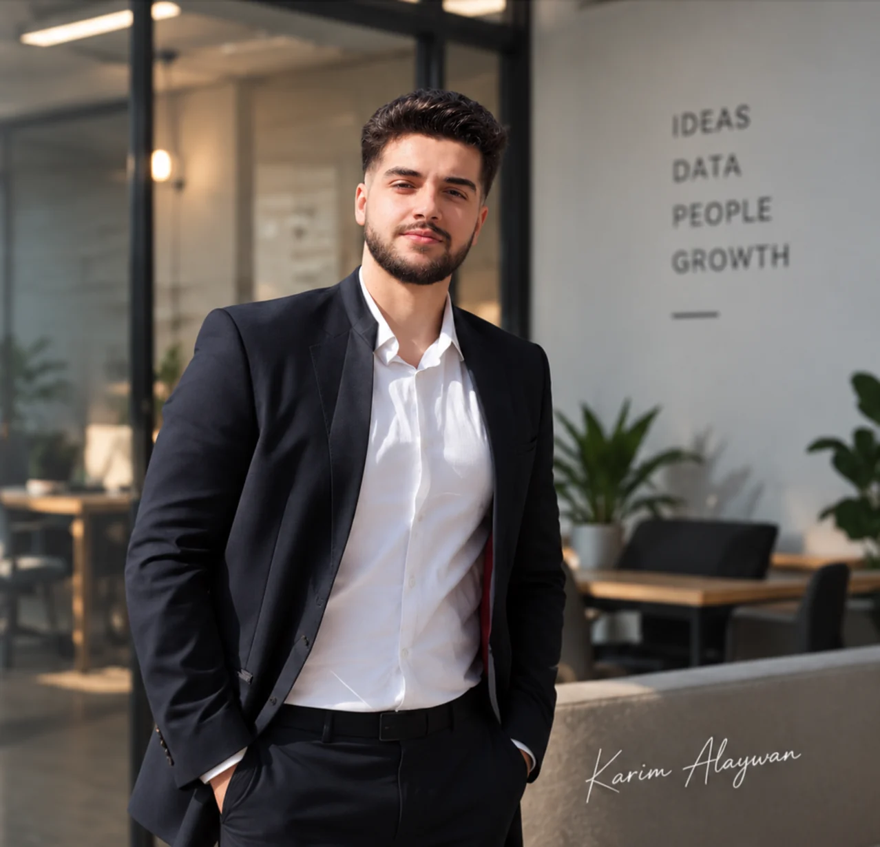 Karim Alaywan in an office, beside a wall reading Ideas, Data, People, Growth, with his handwritten signature in the lower right