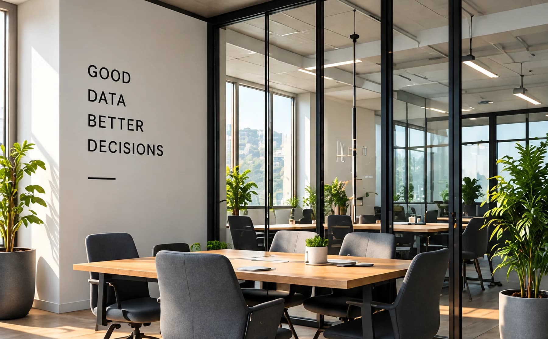 A sunlit meeting room with glass partitions and plants. The left wall reads: Good data, better decisions.